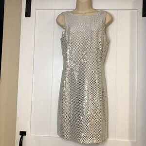 Rhapsody Vintage Silver Sequin Sleeveless Women's Modest Cocktail Dress size 10